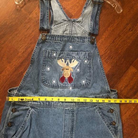 Christmas Jean Overalls Reindeer overalls blue denim cut offs Ladies medium - Picture 9 of 15